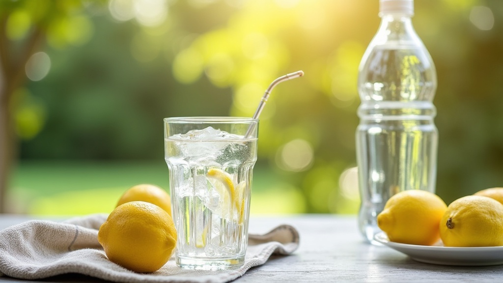 A cold glass of water on a table with fresh lemons and a towel, next to a water bottle, with a background featuring greenery and sunlight