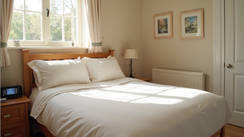 A cozy background showing a neatly made bed with soft morning sunlight and a digital clock beside it