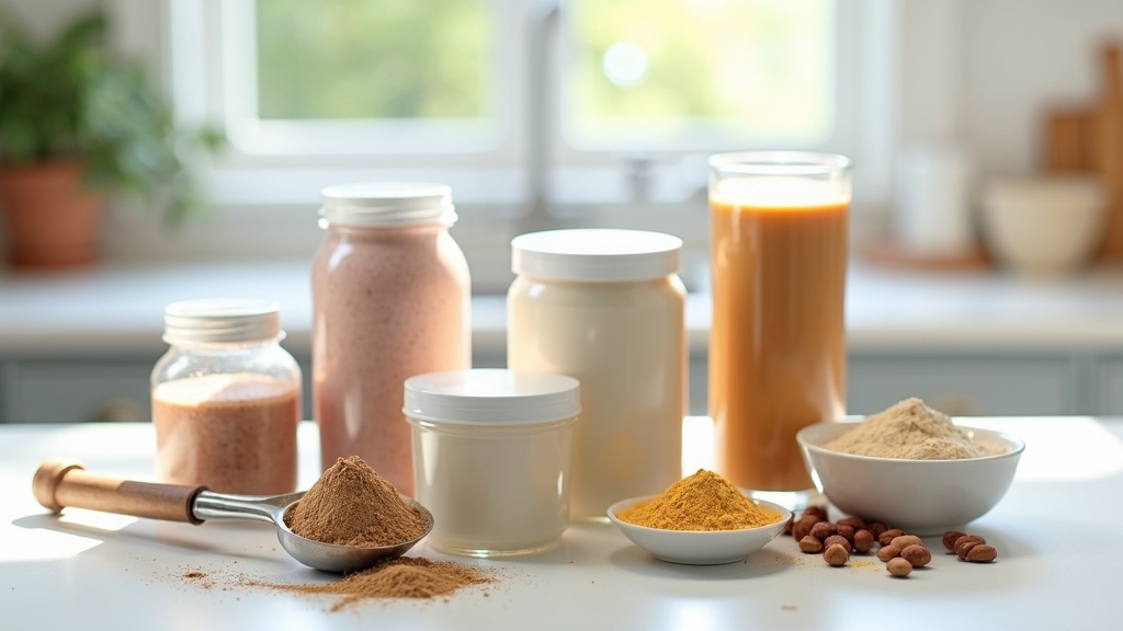A variety of protein powder containers and scoops on a kitchen counter