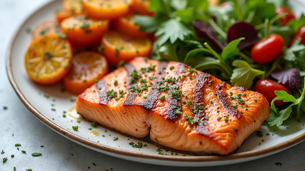 A vibrant, colorful low-carb dinner spread featuring grilled salmon, roasted vegetables, and a fresh salad.