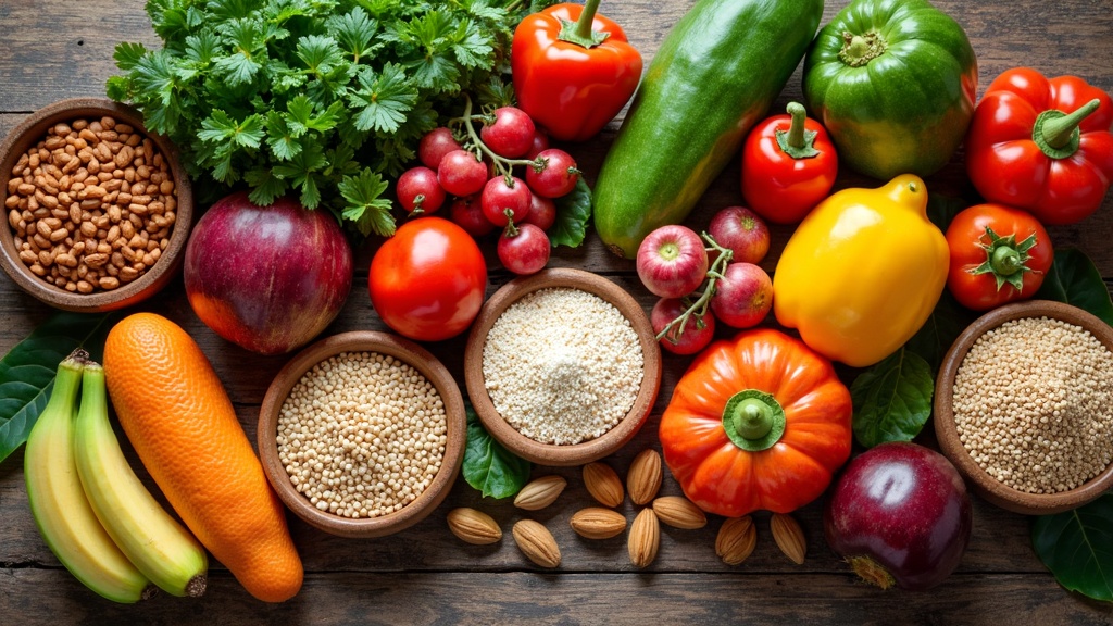 Close up photo of colorful fruits, vegetables, and whole grains rich in dietary fiber