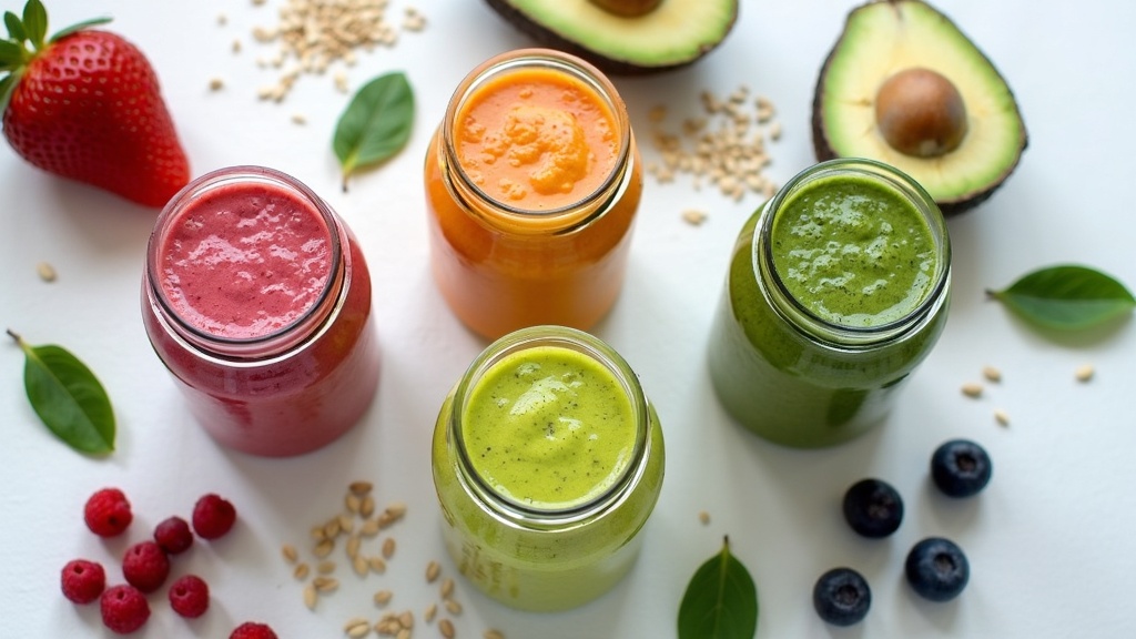 Colorful fruit and veggie smoothie jars and fresh ingredients on a kitchen countertop