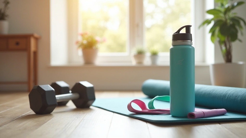Colorful gym equipment lined up on a wooden floor, with kettlebells, dumbbells, and a yoga mat displayed.