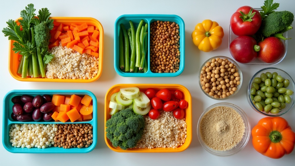 Colorful meal prep containers filled with a variety of healthy prepared foods and vegetables on a kitchen counter