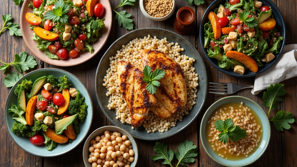 colorful nutritious weight loss meal spread with veggies, lean proteins, and whole grains