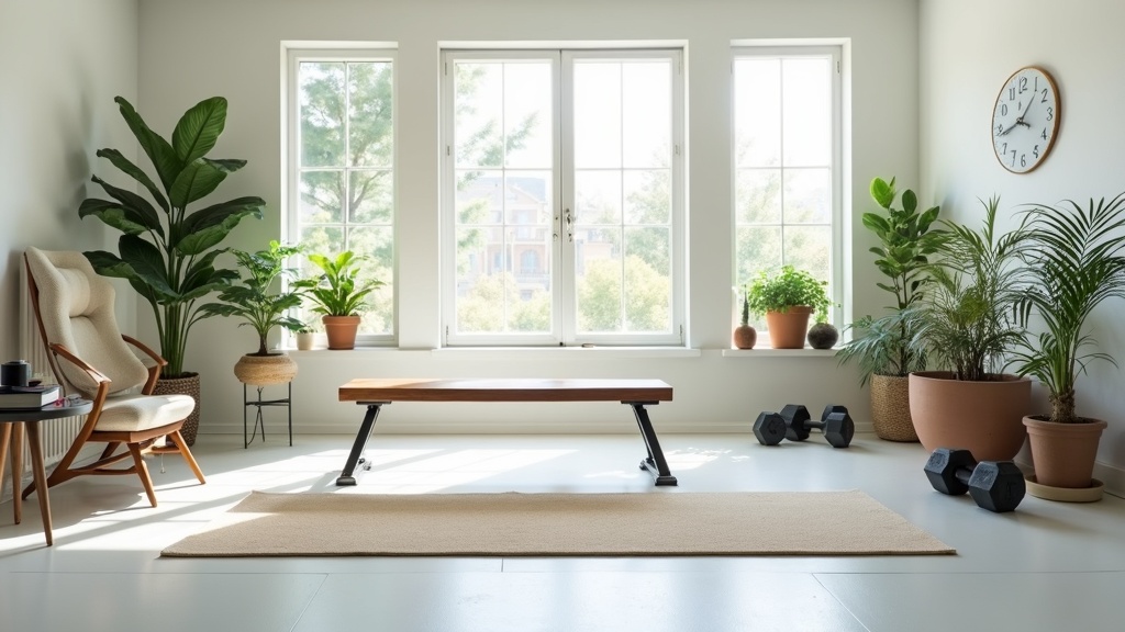 Home gym essentials neatly organized in a bright, modern space with free weights, a bench, and resistance bands
