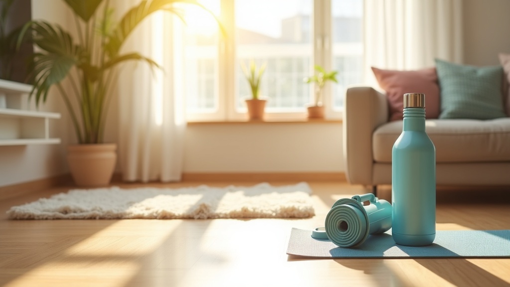 Sunlit living room with a yoga mat, water bottle, and exercise equipment ready for a morning workout